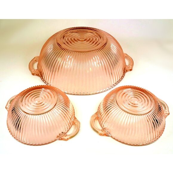 Anchor Hocking Queen Mary Pink 2-Handle Serving & Berry Bowl Set - 1930s Glass - Picture 6 of 6